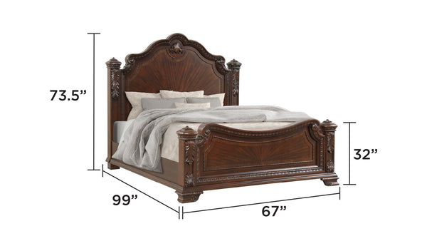 English Elm Traditional Vintage Queen Bed with Intricate Wood Carvings, High Headboard, Warm Walnut Finish, Box Spring Required B009S01347