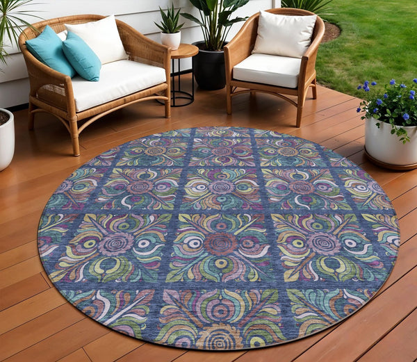 Homeroots 3' Black Purple And Teal Blue Medallion Washable Area Rug - Stylish Indoor Outdoor Comfort And Durability 8' Round Polyester 589280