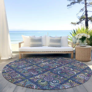 Homeroots 3' Black Purple And Teal Blue Medallion Washable Area Rug - Stylish Indoor Outdoor Comfort And Durability 8' Round Polyester 589280