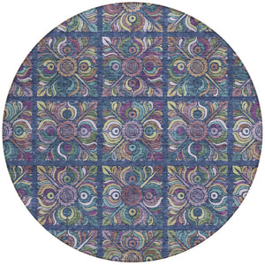 Homeroots 3' Black Purple And Teal Blue Medallion Washable Area Rug - Stylish Indoor Outdoor Comfort And Durability 8' Round Polyester 589280