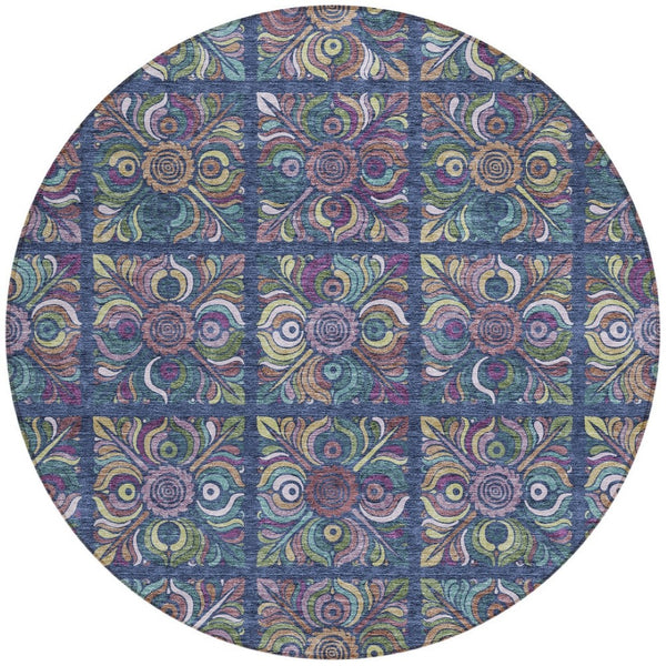 Homeroots 3' Black Purple And Teal Blue Medallion Washable Area Rug - Stylish Indoor Outdoor Comfort And Durability 8' Round Polyester 589280