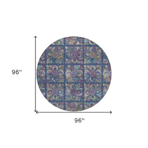 Homeroots 3' Black Purple And Teal Blue Medallion Washable Area Rug - Stylish Indoor Outdoor Comfort And Durability 8' Round Polyester 589280