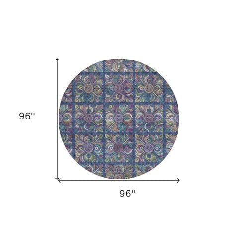 Homeroots 3' Black Purple And Teal Blue Medallion Washable Area Rug - Stylish Indoor Outdoor Comfort And Durability 8' Round Polyester 589280