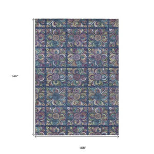 Homeroots 3' Black Purple And Teal Blue Medallion Washable Area Rug - Stylish Indoor Outdoor Comfort And Durability 9' X 12' Polyester 589282