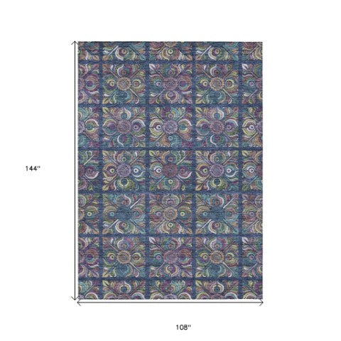 Homeroots 3' Black Purple And Teal Blue Medallion Washable Area Rug - Stylish Indoor Outdoor Comfort And Durability 9' X 12' Polyester 589282