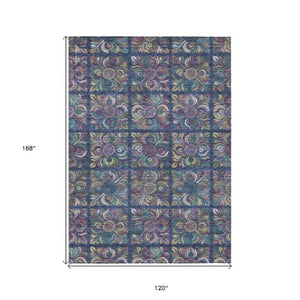 Homeroots 3' Black Purple And Teal Blue Medallion Washable Area Rug - Stylish Indoor Outdoor Comfort And Durability 10' X 14' Polyester 589283