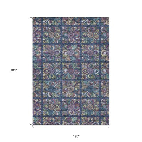 Homeroots 3' Black Purple And Teal Blue Medallion Washable Area Rug - Stylish Indoor Outdoor Comfort And Durability 10' X 14' Polyester 589283