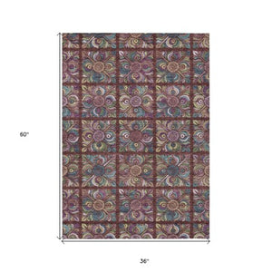 Homeroots 3' Black Purple And Teal Blue Medallion Washable Area Rug - Stylish Indoor Outdoor Comfort And Durability 3' X 5' Polyester 589284