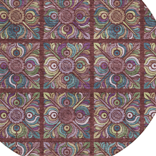 Homeroots 3' Black Purple And Teal Blue Medallion Washable Area Rug - Stylish Indoor Outdoor Comfort And Durability 8' Round Polyester 589286