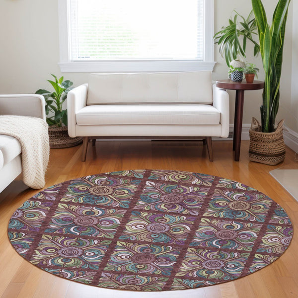 Homeroots 3' Black Purple And Teal Blue Medallion Washable Area Rug - Stylish Indoor Outdoor Comfort And Durability 8' Round Polyester 589286