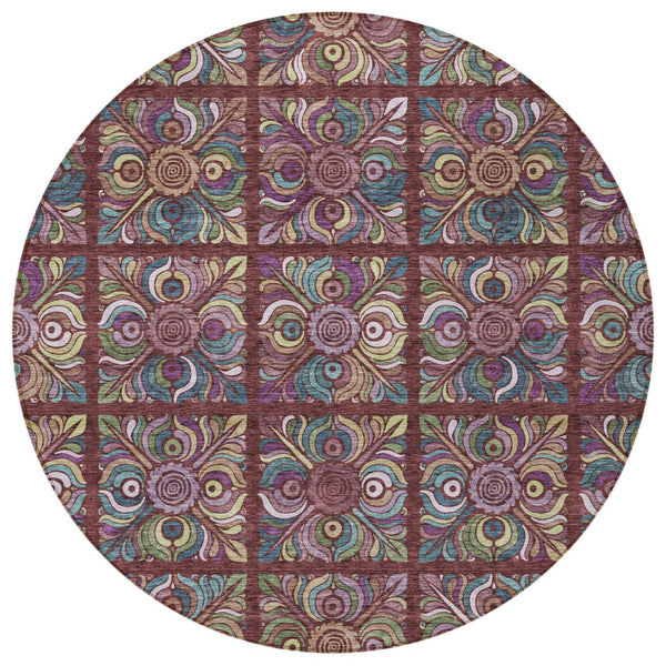 Homeroots 3' Black Purple And Teal Blue Medallion Washable Area Rug - Stylish Indoor Outdoor Comfort And Durability 8' Round Polyester 589286