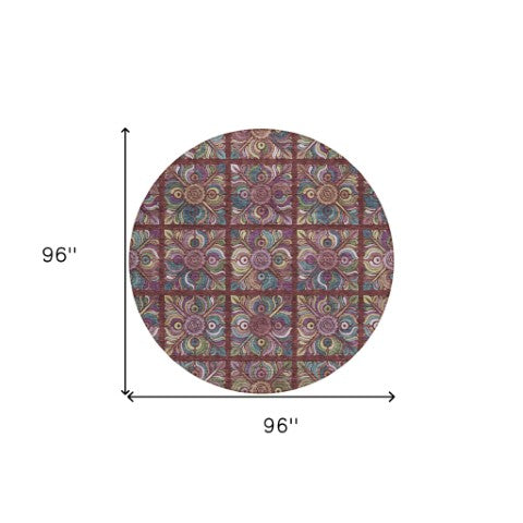 Homeroots 3' Black Purple And Teal Blue Medallion Washable Area Rug - Stylish Indoor Outdoor Comfort And Durability 8' Round Polyester 589286
