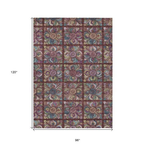 Homeroots 3' Black Purple And Teal Blue Medallion Washable Area Rug - Stylish Indoor Outdoor Comfort And Durability 8' X 10' Polyester 589287