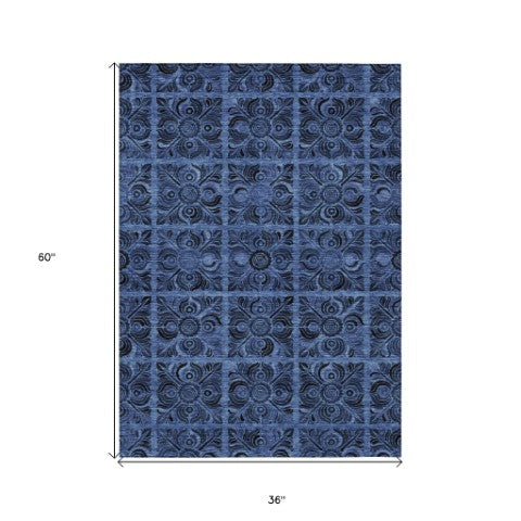 Homeroots 3' Denim Blue And Charcoal Medallion Washable Area Rug For Indoor And Outdoor Spaces, Durable Design 3' X 5' Polyester 589290