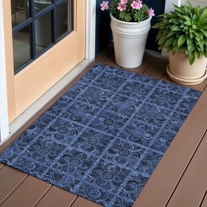 Homeroots 3' Denim Blue And Charcoal Medallion Washable Area Rug For Indoor And Outdoor Spaces, Durable Design 3' X 5' Polyester 589290