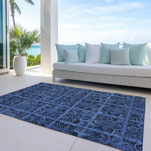 Homeroots 3' Denim Blue And Charcoal Medallion Washable Area Rug For Indoor And Outdoor Spaces, Durable Design 3' X 5' Polyester 589290