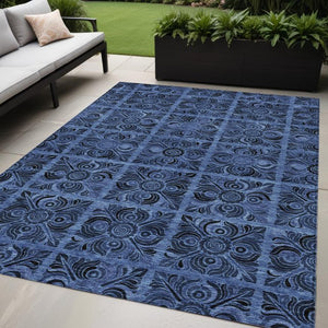 Homeroots 3' Denim Blue And Charcoal Medallion Washable Area Rug For Indoor And Outdoor Spaces, Durable Design 5' X 8' Polyester 589291