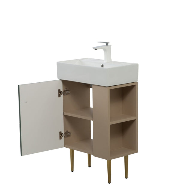 English Elm 21.6" Green Bathroom Vanity Base with Open Shelf Gold Accents Soft-close Doors W1573P224400