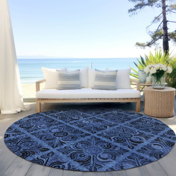 Homeroots 3' Denim Blue And Charcoal Medallion Washable Area Rug For Indoor And Outdoor Spaces, Durable Design 8' Round Polyester 589292