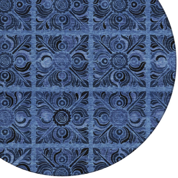 Homeroots 3' Denim Blue And Charcoal Medallion Washable Area Rug For Indoor And Outdoor Spaces, Durable Design 8' Round Polyester 589292