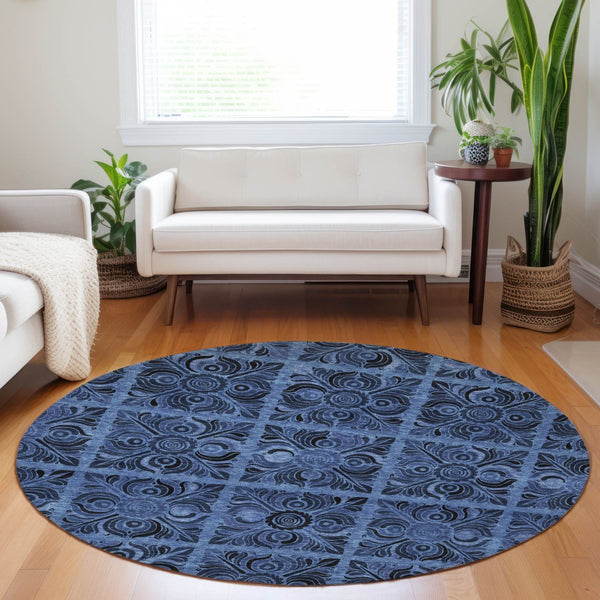 Homeroots 3' Denim Blue And Charcoal Medallion Washable Area Rug For Indoor And Outdoor Spaces, Durable Design 8' Round Polyester 589292