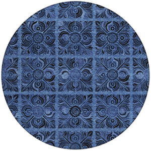 Homeroots 3' Denim Blue And Charcoal Medallion Washable Area Rug For Indoor And Outdoor Spaces, Durable Design 8' Round Polyester 589292