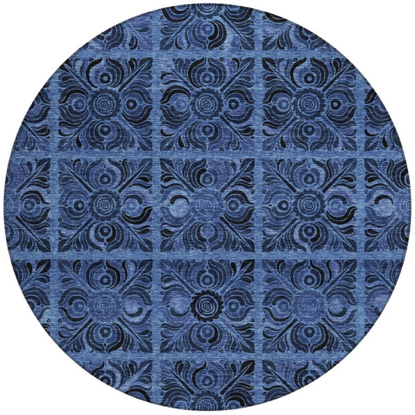 Homeroots 3' Denim Blue And Charcoal Medallion Washable Area Rug For Indoor And Outdoor Spaces, Durable Design 8' Round Polyester 589292