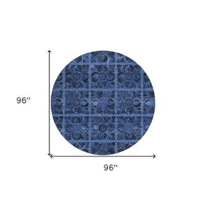 Homeroots 3' Denim Blue And Charcoal Medallion Washable Area Rug For Indoor And Outdoor Spaces, Durable Design 8' Round Polyester 589292