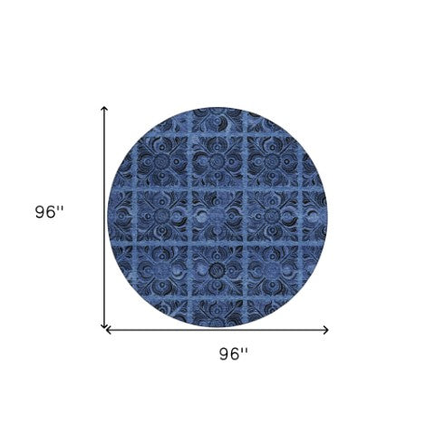 Homeroots 3' Denim Blue And Charcoal Medallion Washable Area Rug For Indoor And Outdoor Spaces, Durable Design 8' Round Polyester 589292