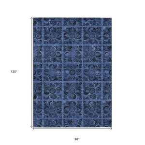 Homeroots 3' Denim Blue And Charcoal Medallion Washable Area Rug For Indoor And Outdoor Spaces, Durable Design 8' X 10' Polyester 589293