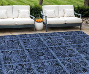 Homeroots 3' Denim Blue And Charcoal Medallion Washable Area Rug For Indoor And Outdoor Spaces, Durable Design 8' X 10' Polyester 589293