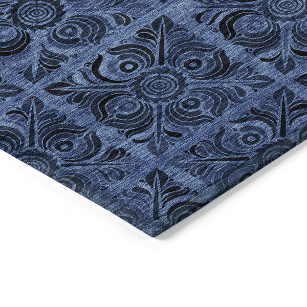 Homeroots 3' Denim Blue And Charcoal Medallion Washable Area Rug For Indoor And Outdoor Spaces, Durable Design 8' X 10' Polyester 589293
