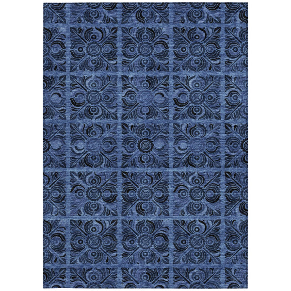 Homeroots 3' Denim Blue And Charcoal Medallion Washable Area Rug For Indoor And Outdoor Spaces, Durable Design 9' X 12' Polyester 589294