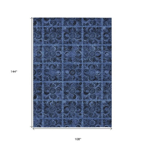 Homeroots 3' Denim Blue And Charcoal Medallion Washable Area Rug For Indoor And Outdoor Spaces, Durable Design 9' X 12' Polyester 589294