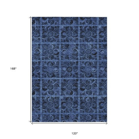 Homeroots 3' Denim Blue And Charcoal Medallion Washable Area Rug For Indoor And Outdoor Spaces, Durable Design 10' X 14' Polyester 589295