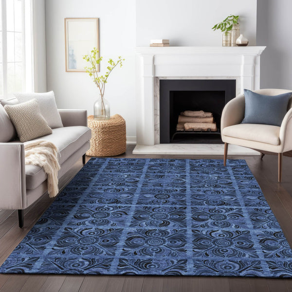 Homeroots 3' Denim Blue And Charcoal Medallion Washable Area Rug For Indoor And Outdoor Spaces, Durable Design 10' X 14' Polyester 589295