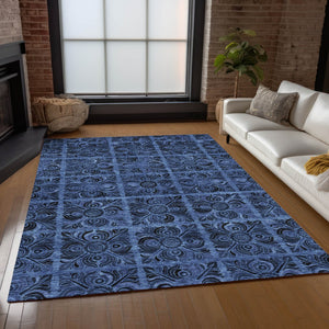 Homeroots 3' Denim Blue And Charcoal Medallion Washable Area Rug For Indoor And Outdoor Spaces, Durable Design 10' X 14' Polyester 589295