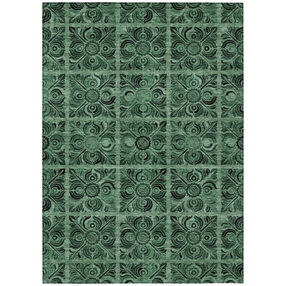 HomeRoots 5' Medallion Area Rug in Fern Green and Charcoal - Durable, Washable for Indoor & Outdoor Use 8' X 10' 589299