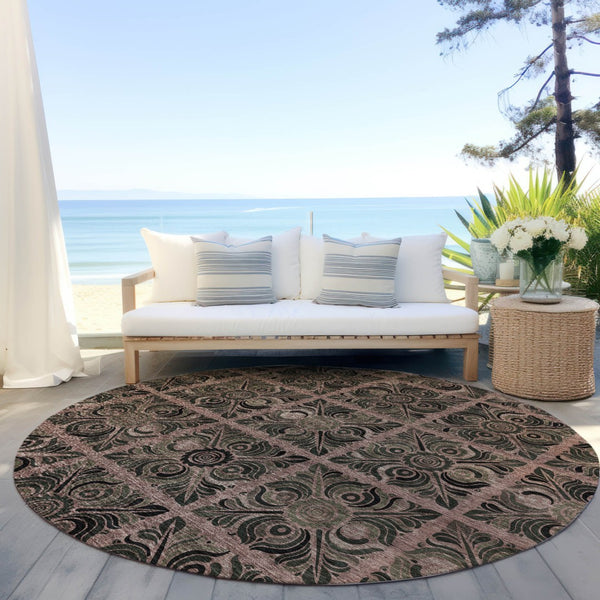 Homeroots 3' Denim Blue And Charcoal Medallion Washable Area Rug For Indoor And Outdoor Spaces, Durable Design 8' Round Polyester 589304