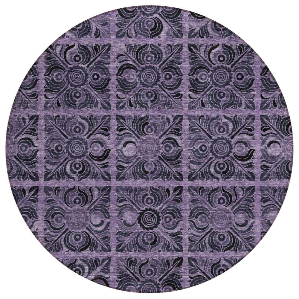 HomeRoots 5' Stylish Purple Plum and Charcoal Medallion Washable Area Rug for Indoor and Outdoor Spaces 8' Round 589310