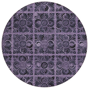 HomeRoots 5' Stylish Purple Plum and Charcoal Medallion Washable Area Rug for Indoor and Outdoor Spaces 8' Round 589310