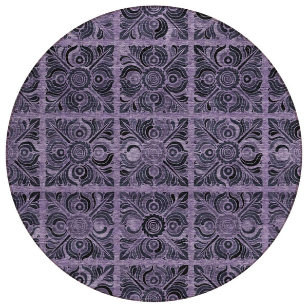 HomeRoots 5' Stylish Purple Plum and Charcoal Medallion Washable Area Rug for Indoor and Outdoor Spaces 8' Round 589310