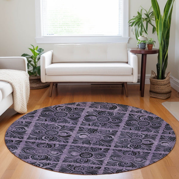 Homeroots 3' Denim Blue And Charcoal Medallion Washable Area Rug For Indoor And Outdoor Spaces, Durable Design 8' Round Polyester 589310