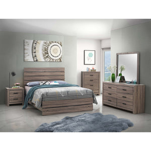 English Elm Geary Barrel Oak Panel Eastern King Bed with Slatted Headboard, Rustic Vintage Grain Finish for Cozy Bedrooms B062P331056