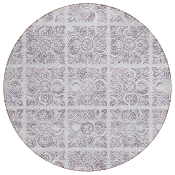 HomeRoots 5' Elegant Lavender and Silver Medallion Area Rug for Indoor or Outdoor Use, Machine Washable & Durable 8' Round 589340