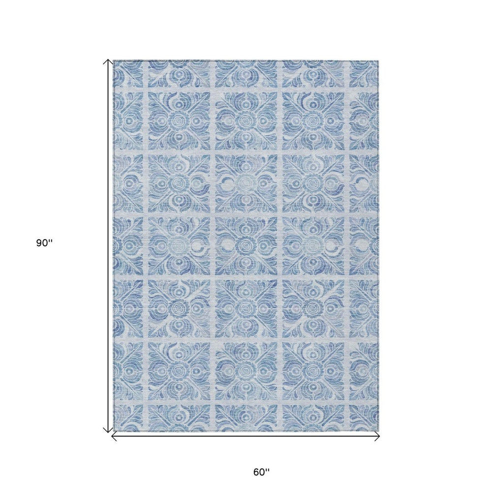 HomeRoots 5' Sky Blue and Denim Blue Medallion Area Rug - Durable, Washable for Indoor & Outdoor Use, Timeless Style 5' X 8' 589345