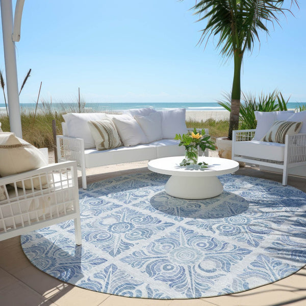 HomeRoots 5' Sky Blue and Denim Blue Medallion Area Rug - Durable, Washable for Indoor & Outdoor Use, Timeless Style 8' Round 589346