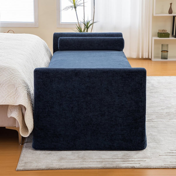 English Elm 88.58" Wide Chenille Upholstered Bench with Curved Armrests and Bolster Pillows for Bedroom Navy W3189S00029
