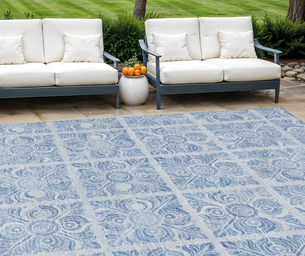 HomeRoots 9' Sky Blue and Denim Medallion Area Rug – Stylish, Durable, Indoor/Outdoor for Any Space 9' X 12' 589348