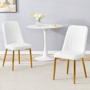 English Elm 2 Modern Dining Chairs White Gold PU Cushion Ergonomic Curved Back Metal Legs Adjustable Pads W1151P250114